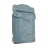 Vintage stílusú, fémből készült, antikolt kék színű, madaras és növényi dombormintával díszített, post feliratú postaláda